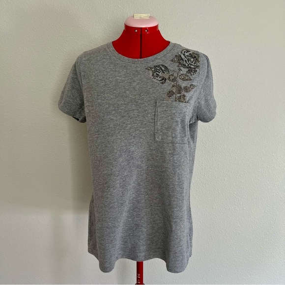 Calvin Klein Gray Embellished Rose Short Sleeve Top Medium - Picture 1 of 9